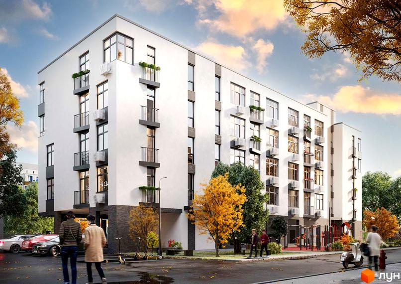 Зовнішній вигляд новобудови ЖК CITY з балконами та кондиціонерами. На прибудинковій території розташовані дерева та дитячий майданчик.