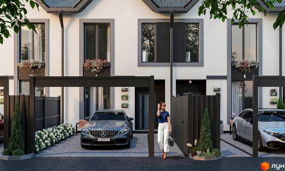 Таунхаус LA-42: фасад будинку з вікнами та квітковими ящиками, перед будинком прибудинкова територія з автомобілями та зеленню.