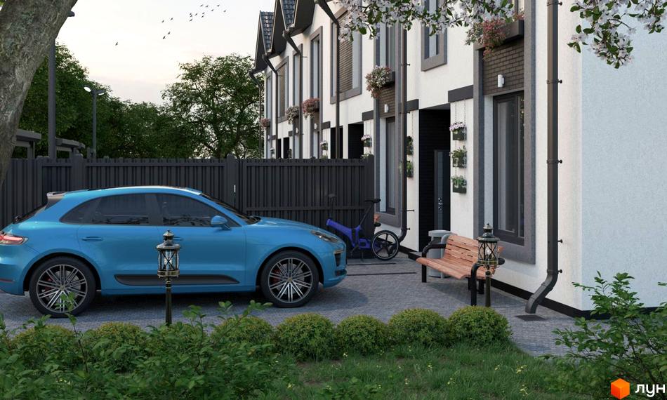 Таунхаус LA-42 з синім автомобілем та лавкою біля будинку. Навколо зелені насадження та паркан.