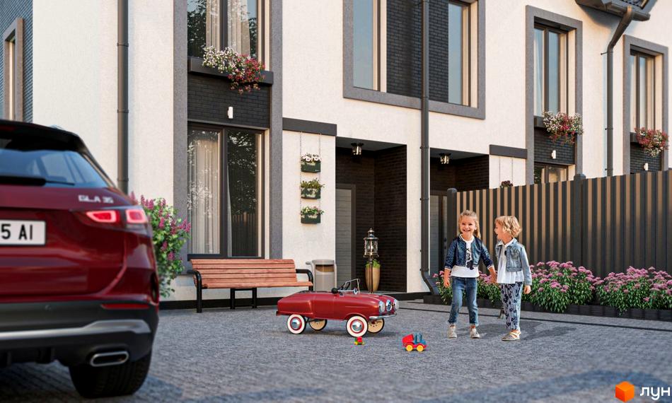 Таунхаус LA-42 з фасадом білої штукатурки та темної цегли, поруч дитячий майданчик з червоною машинкою та двоє дітей.