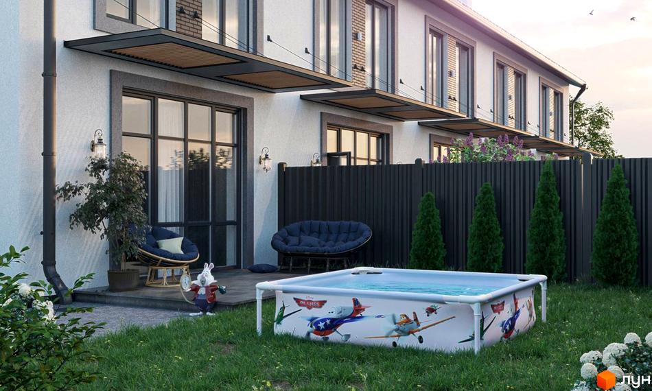 Таунхаус LA-42: двоповерховий будинок з великими вікнами та навісами, на прибудинковій території дитячий басейн та зелена зона.