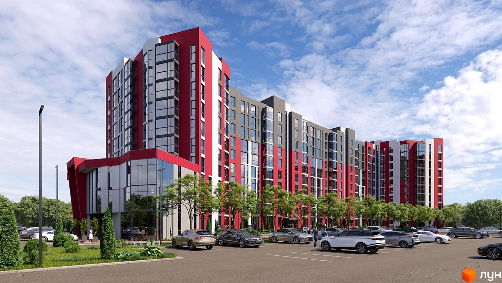 Житловий комплекс GRAND Липини: багатоповерхова будівля з червоними та сірими фасадами, великими вікнами, парковка з автомобілями та зелені насадження.