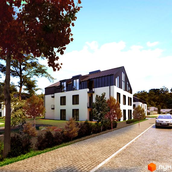 Житловий комплекс Струмочок 2 - це сучасна новобудова з білим фасадом та темним дахом, розташована серед зелені з доглянутою прибудинковою територією та дорогою.