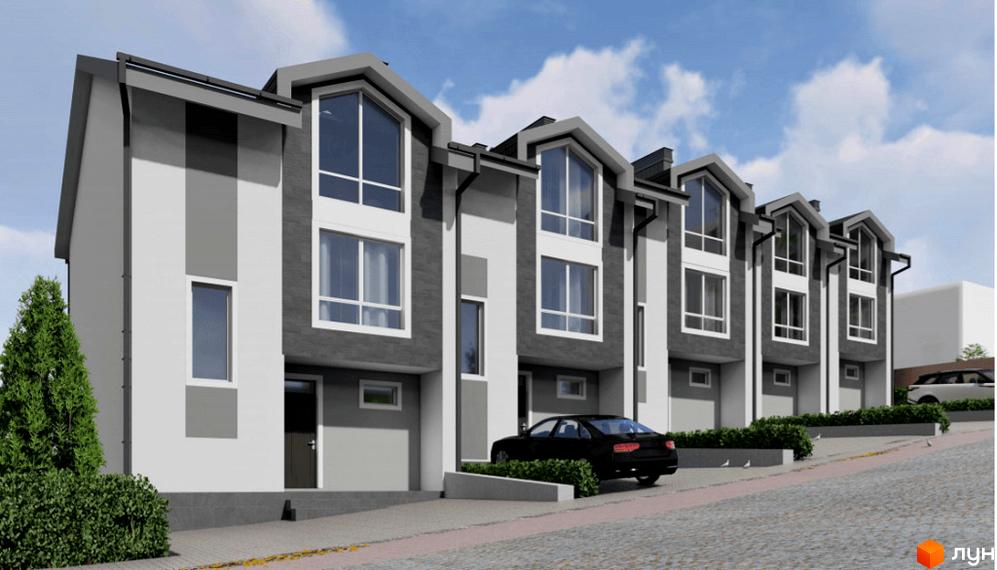 Таунхауси Hodillywood 5.0: фасади з сірими та білими елементами, великі вікна, зелена прибудинкова територія з деревами та кущами.