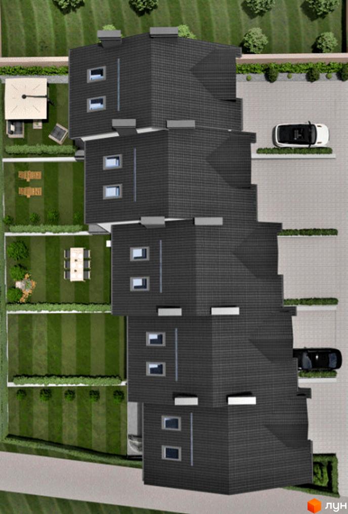 Таунхауси Hodillywood 5.0: темно-сірі будинки з пласкою покрівлею, вікнами та балконами, поруч зелена галявина з альтанкою та паркомісця з автомобілями.