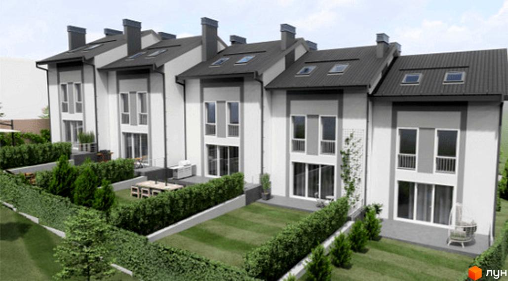 Таунхауси Hodillywood 5.0 – це двоповерхові будинки з сірим дахом та білими фасадами, що мають великі вікна та балкони. На прибудинковій території розташовані зелені газони, кущі та зони для відпочинку.