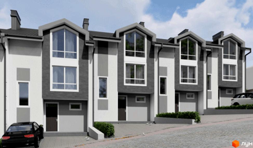 Таунхауси Hodillywood 5.0: фасади будинків у сірих та білих тонах з великими вікнами, прибудинкова територія з доріжками та зеленню.