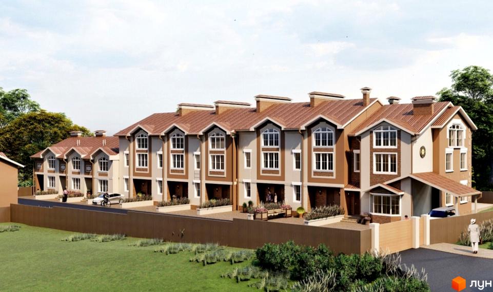 Таунхауси Hodillywood 7.0 - це сучасна забудова з акуратними фасадами та коричневими черепичними дахами, розташована на доглянутій прибудинковій території з зеленими газонами та парканом.