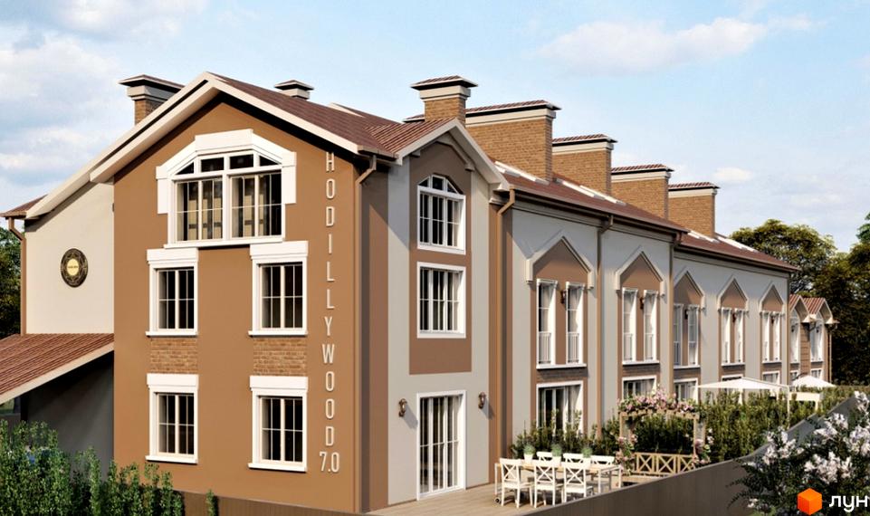 Таунхауси Hodillywood 7.0. Зовнішній вигляд коричнево-білих будинків з цегляними димарями та прибудинковою територією з альтанкою та столами.