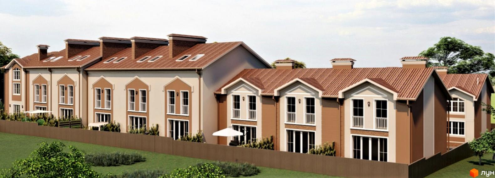 Зовнішній вигляд таунхаусів Hodillywood 7.0 з коричневим дахом та світлими фасадами, огороджених дерев'яним парканом. Навколо будівель зелений газон та дерева.