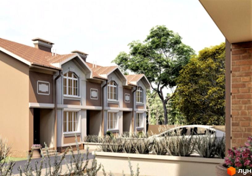 Таунхауси Hodillywood 7.0 – це двоповерхові будинки з коричневим дахом та світлими фасадами, розташовані на фоні зелених дерев та автомобіля.