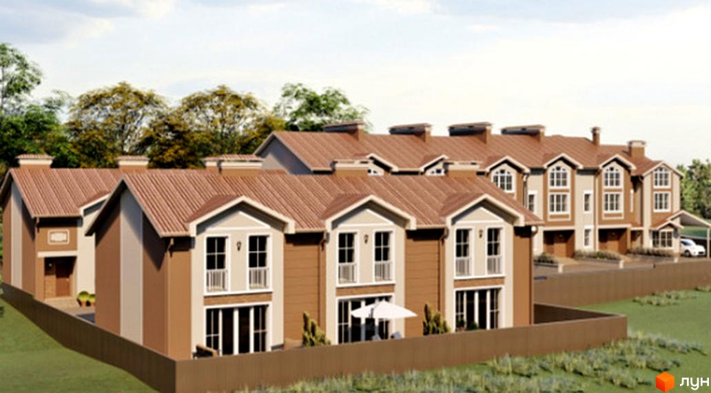 Таунхауси Hodillywood 7.0 – це двоповерхові будинки з коричневими дахами та світлими фасадами, розташовані на доглянутій прибудинковій території з зеленими насадженнями.