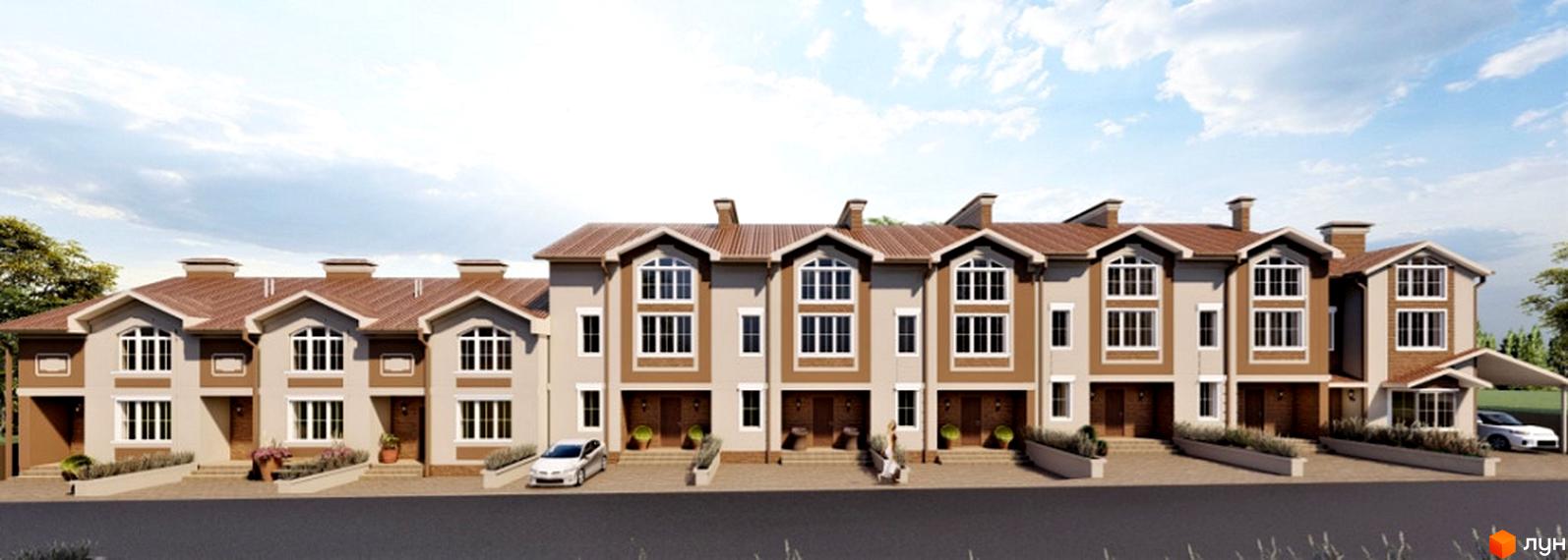 Таунхауси Hodillywood 7.0: фасади з коричневими та бежевими елементами, коричневі дахи, вікна з білими рамами. Прибудинкова територія з доріжками та зеленими насадженнями.