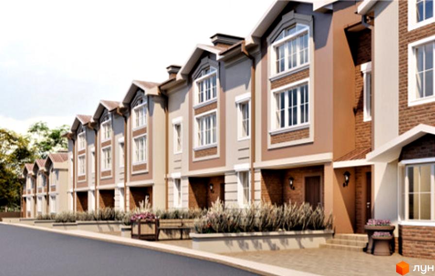 Таунхауси Hodillywood 7.0 - це сучасний житловий комплекс з цегляним фасадом та великими вікнами. На прибудинковій території розташовані зелені насадження та зони відпочинку.