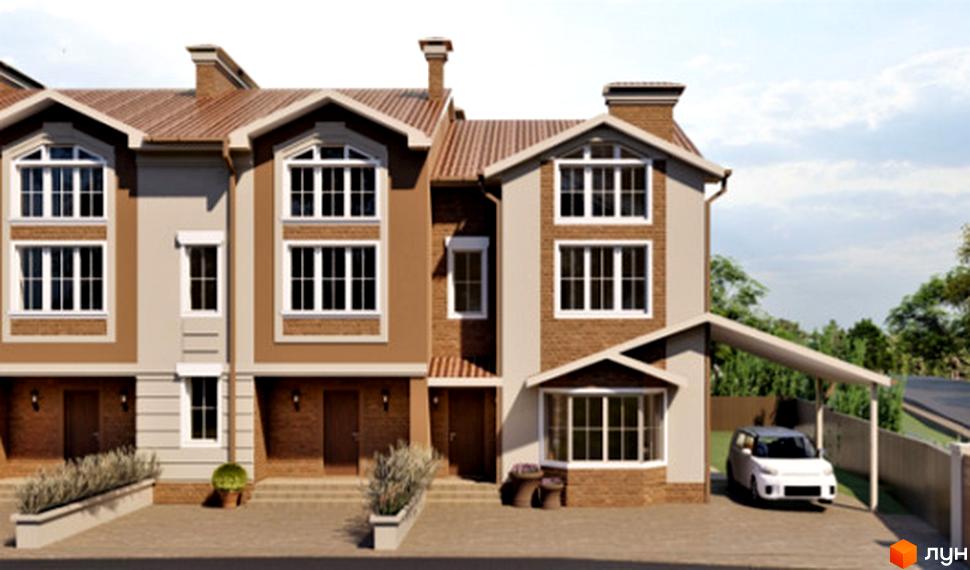 Таунхауси Hodillywood 7.0 – це двоповерхові будинки з коричневим дахом та світлими фасадами, розташовані біля зелених дерев та дороги.