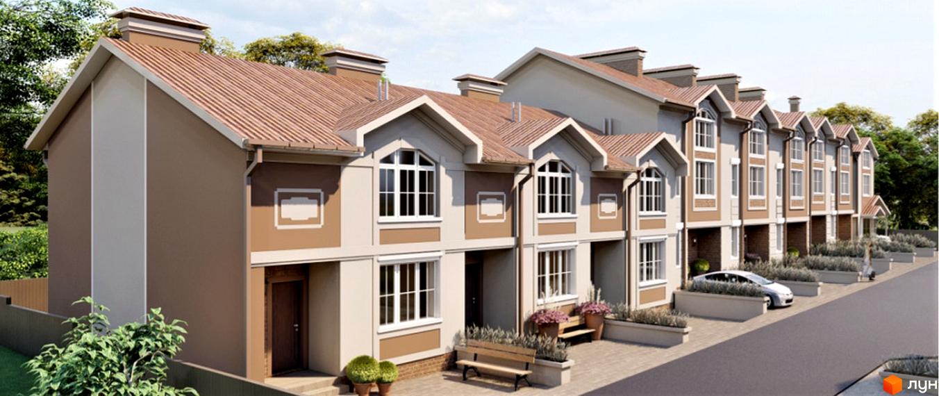 Таунхауси Hodillywood 7.0 – це двоповерхові будинки з коричневими дахами та світлими фасадами, розташовані вздовж асфальтованої дороги з доглянутими зеленими насадженнями.