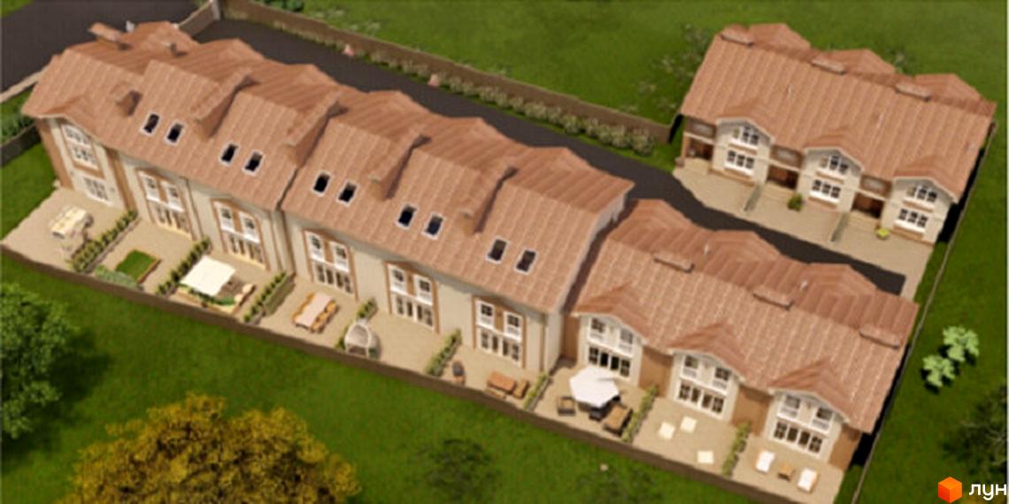 Таунхауси Hodillywood 7.0: триповерхові будинки з коричневими дахами та індивідуальними подвір'ями з зонами відпочинку. Навколо зелена територія та дерева.