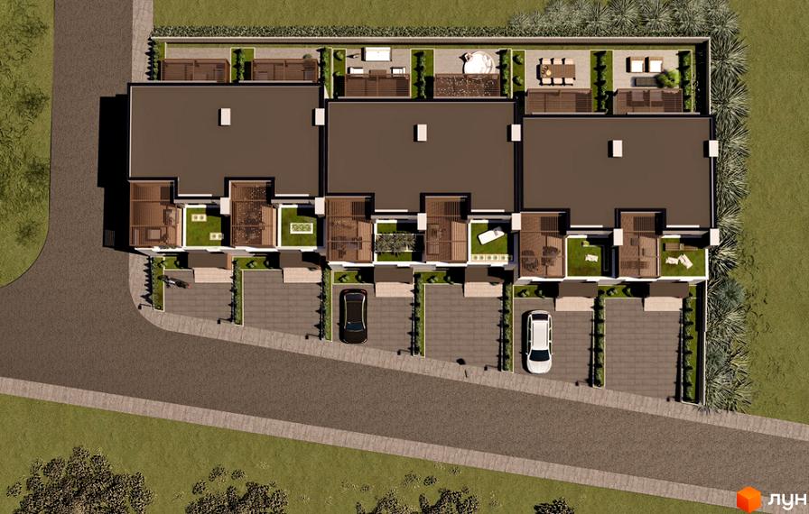 Таунхауси Hodillywood 8.0: вид зверху на три двоповерхові будинки з пласкими дахами, гаражами та зеленими двориками. Навколо комплексу розташовані газони та дерева.