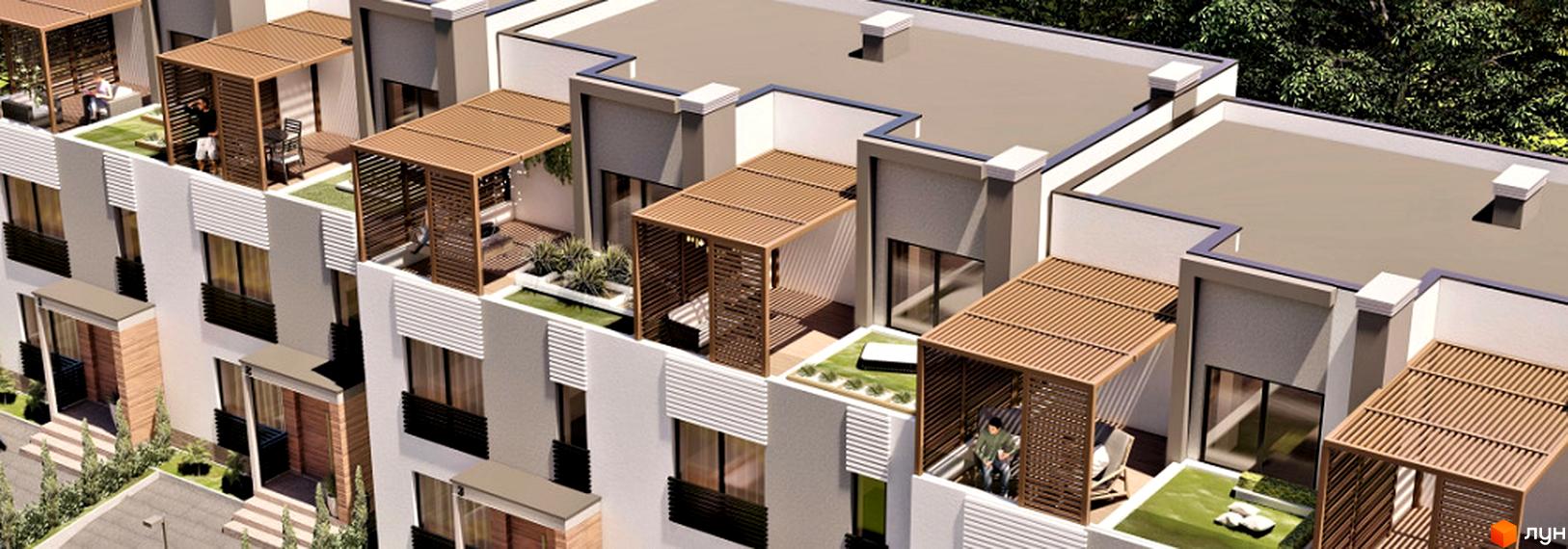 Таунхауси Hodillywood 8.0 – фасади будинків з терасами та перголами, зелені зони на дахах та прибудинкова територія.