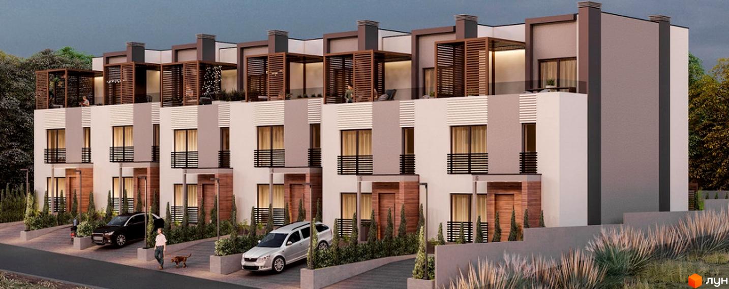 Зовнішній вигляд таунхаусів Hodillywood 8.0 з терасами та парковками, перед якими розташована прибудинкова територія з деревами та травою.