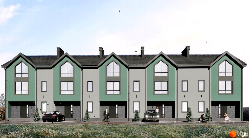 Зовнішній вигляд таунхаусів Hodillywood 10.0: двоповерхові будинки з сірими та зеленими фасадами, великими вікнами та темними дахами. Перед будинками розташована дорога з автомобілями та зелені насадження.