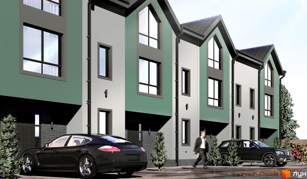 Зовнішній вигляд таунхаусів Hodillywood 10.0 з зеленими та сірими фасадами, великими вікнами та прибудинковою територією з автомобілями та деревами.