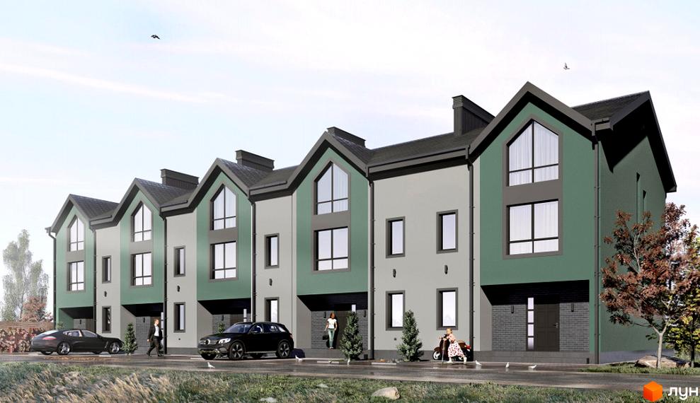 Таунхауси Hodillywood 10.0 - це ряд двоповерхових будинків з двосхилими дахами, великими вікнами та комбінованим фасадом. Перед будинками розташована прибудинкова територія з автомобілями та зеленими насадженнями.