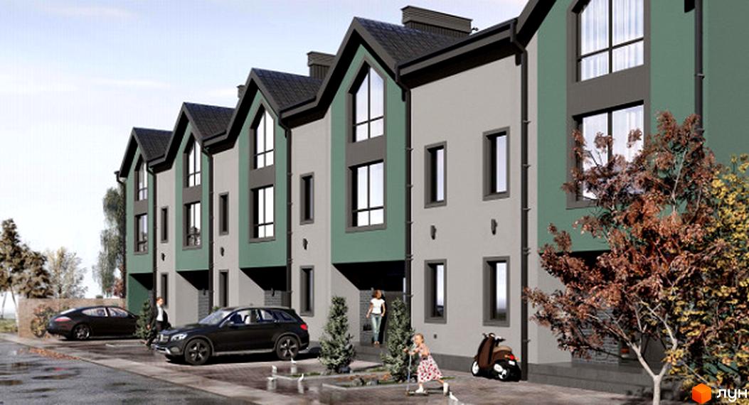 Зовнішній вигляд таунхаусів Hodillywood 10.0 з сірими та зеленими фасадами, вікнами, що виходять на вулицю, та прибудинковою територією з автомобілями та деревами.