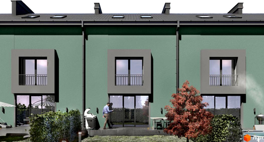 Зовнішній вигляд таунхаусів Hodillywood 10.0 з зеленою фасадною частиною та прибудинковою територією з кущами та деревами.