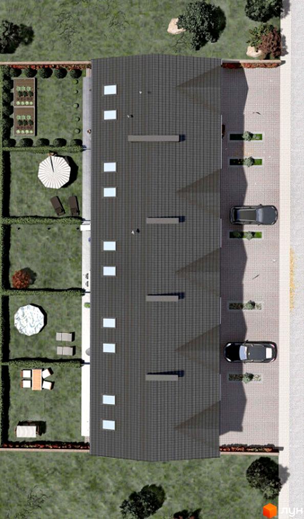 Таунхауси Hodillywood 10.0: вид зверху на будинок з темним дахом та прибудинкову територію з зеленим газоном, парковкою та місцями для відпочинку.