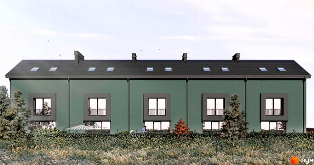 Зовнішній вигляд таунхаусів Hodillywood 10.0 з зеленими фасадами та темним дахом, прибудинкова територія з деревами та кущами.