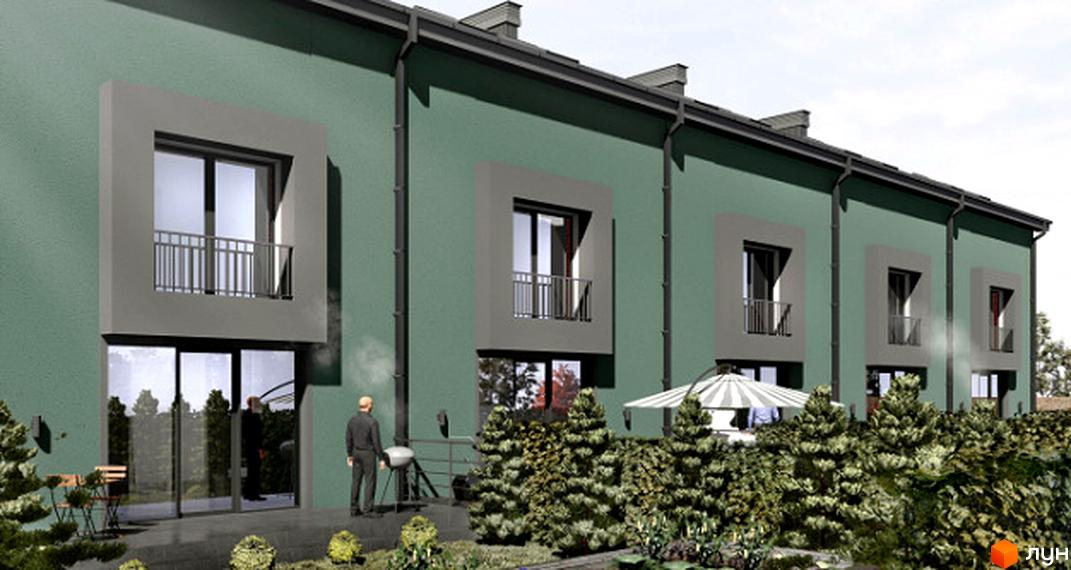 Таунхауси Hodillywood 10.0: зелені фасади, балкони та великі вікна. Прибудинкова територія з деревами та зоною відпочинку.