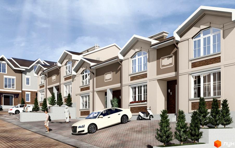 Таунхауси Hodillywood 11.0 – це двоповерхові будинки з великими вікнами та цегляними елементами, розташовані на брукованій території з деревами та автомобілями.