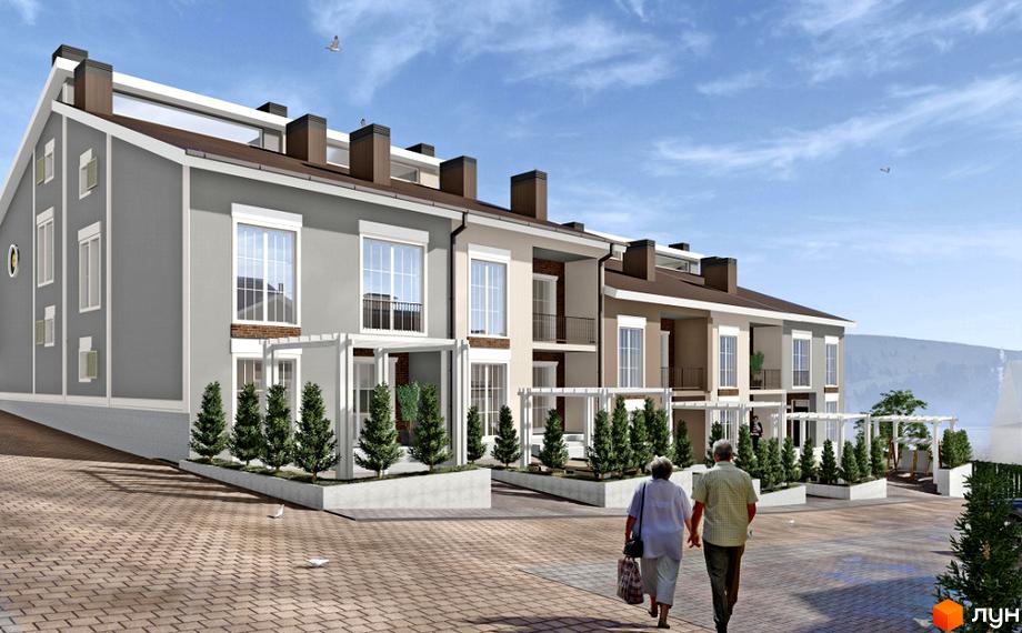 Зовнішній вигляд таунхаусів Hodillywood 11.0 з сірими та бежевими фасадами, вікнами та балконами, на тлі зелених дерев та бруківки.