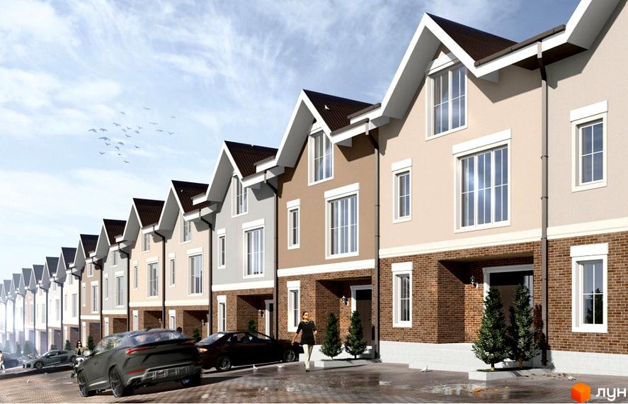 Таунхауси Hodillywood 11.0: фасади будинків з цегляною кладкою та великими вікнами, розташовані вздовж вулиці з автомобілями та пішоходами.