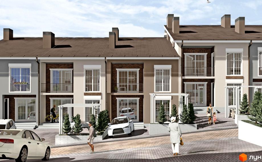 Зовнішній вигляд таунхаусів Hodillywood 11.0 з цегляними фасадами та балконами. Прибудинкова територія з доріжками та зеленими насадженнями.