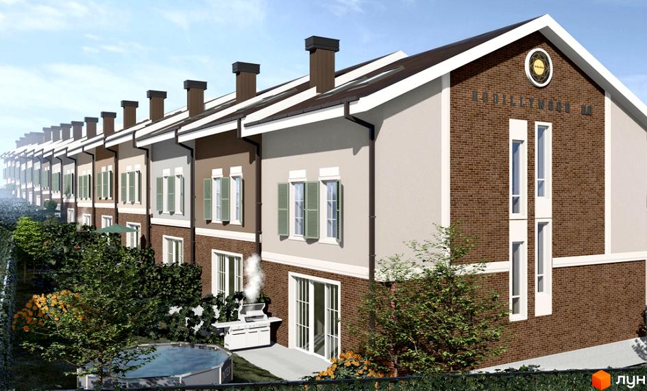 Зовнішній вигляд таунхаусів Hodillywood 11.0 з цегляним фасадом та зеленими віконницями. Прибудинкова територія з басейном та зоною барбекю.