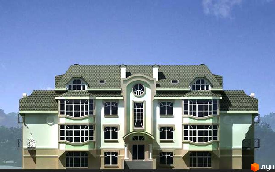 Житловий комплекс на вул. Кошового, 2в з фасадом з великими вікнами та дахом з черепиці. Прибудинкова територія озеленена та облаштована.