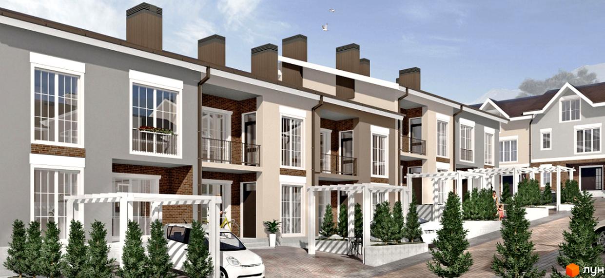 Таунхауси Hodillywood 11.0: фасади будинків з великими вікнами та балконами, прибудинкова територія з деревами та автомобілем.