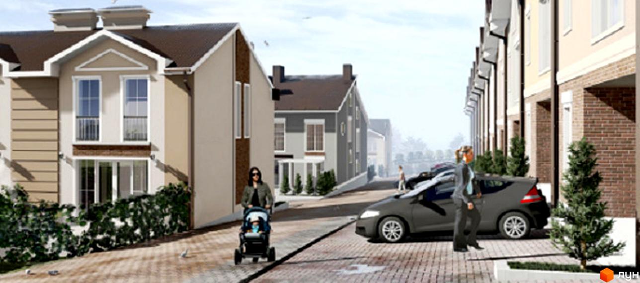 Зовнішній вигляд таунхаусів Hodillywood 11.0 з прибудинковою територією, дорогою та людьми. Огляд житлового комплексу.