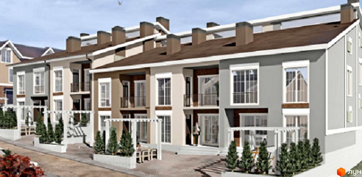 Зовнішній вигляд таунхаусів Hodillywood 11.0 з фасадами сірого та бежевого кольору, з балконами та великими вікнами. Прибудинкова територія з зеленими насадженнями та альтанками.