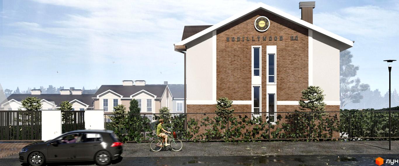 Зовнішній вигляд таунхаусів Hodillywood 11.0 з цегляним фасадом та прибудинковою територією з парканом та зеленню. На зображенні видно частину дороги з автомобілем та людиною на велосипеді.