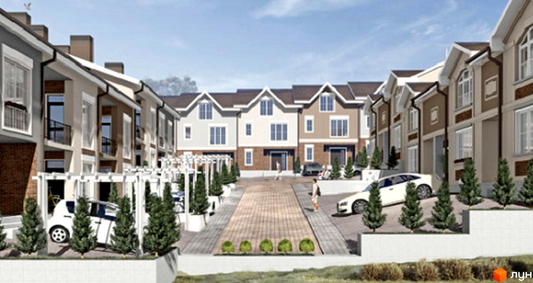 Зовнішній вигляд таунхаусів Hodillywood 11.0 з прибудинковою територією та автомобілями. Комплекс з акуратними фасадами та зеленими насадженнями.