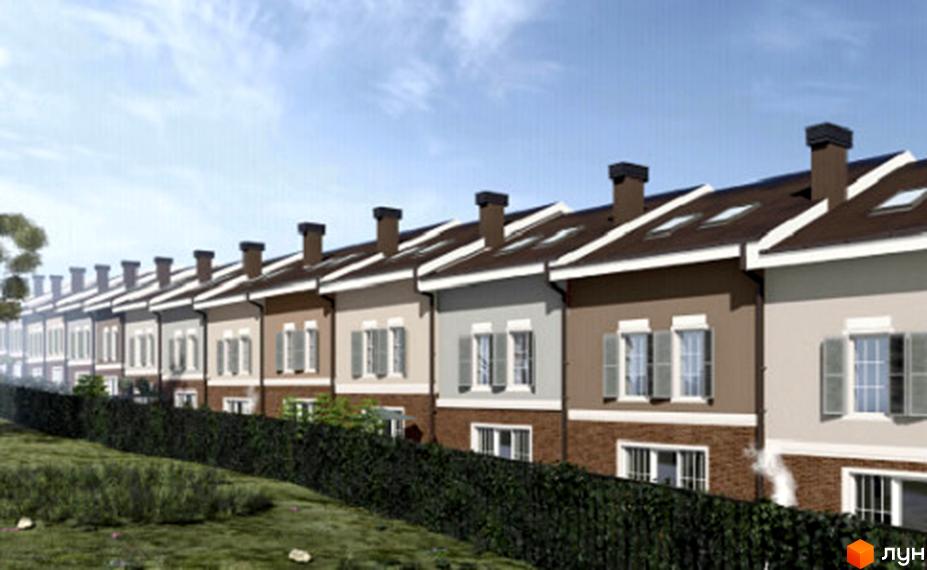 Таунхауси Hodillywood 11.0 - ряд двоповерхових будинків з коричневими дахами та світлими фасадами, розташовані на фоні блакитного неба. Перед будинками зелений газон та огорожа.