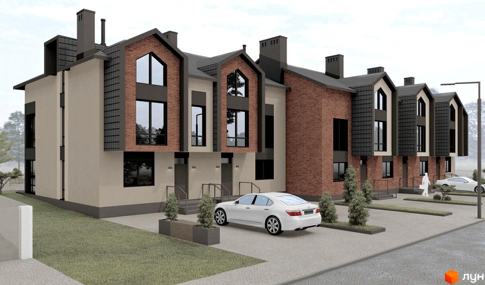 Таунхауси Hodillywood 12.0: двоповерхові будинки з цегляним фасадом та великими вікнами, прибудинкова територія з парковкою та зеленими насадженнями.