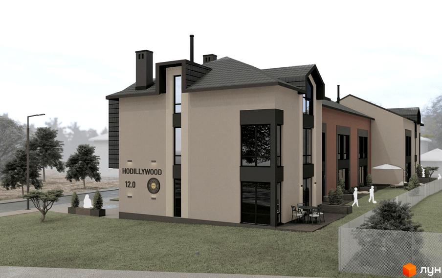 Зовнішній вигляд таунхаусів Hodillywood 12.0 з прибудинковою територією, газоном та деревами. Опис новобудови з фасадом бежевого кольору та темними вікнами.