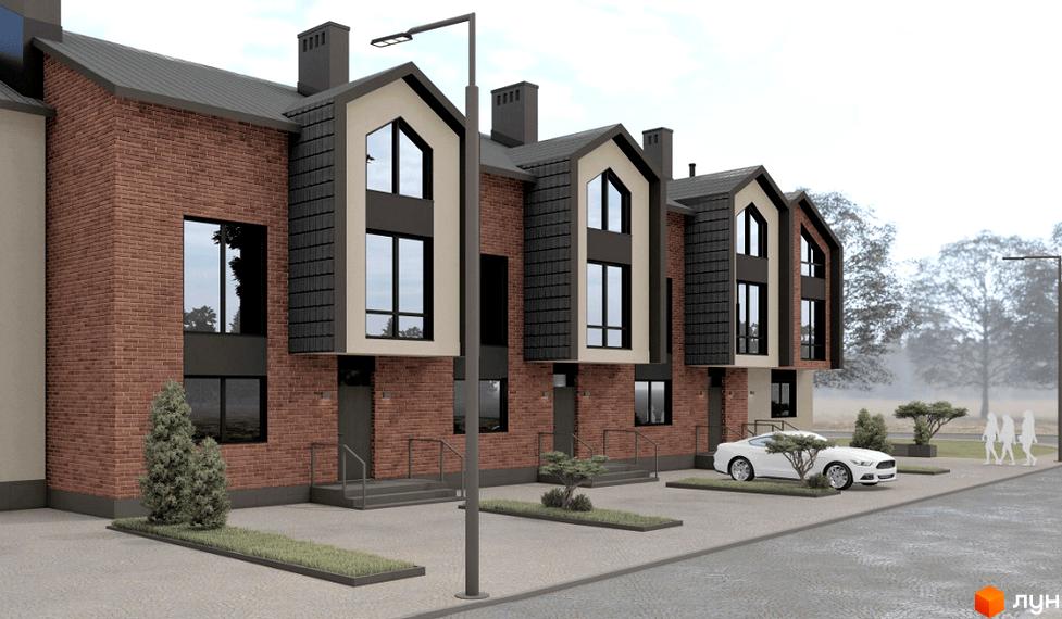 Таунхауси Hodillywood 12.0: цегляні фасади, двосхилі дахи з темною черепицею, великі вікна. Прибудинкова територія з доглянутими газонами та білим автомобілем.
