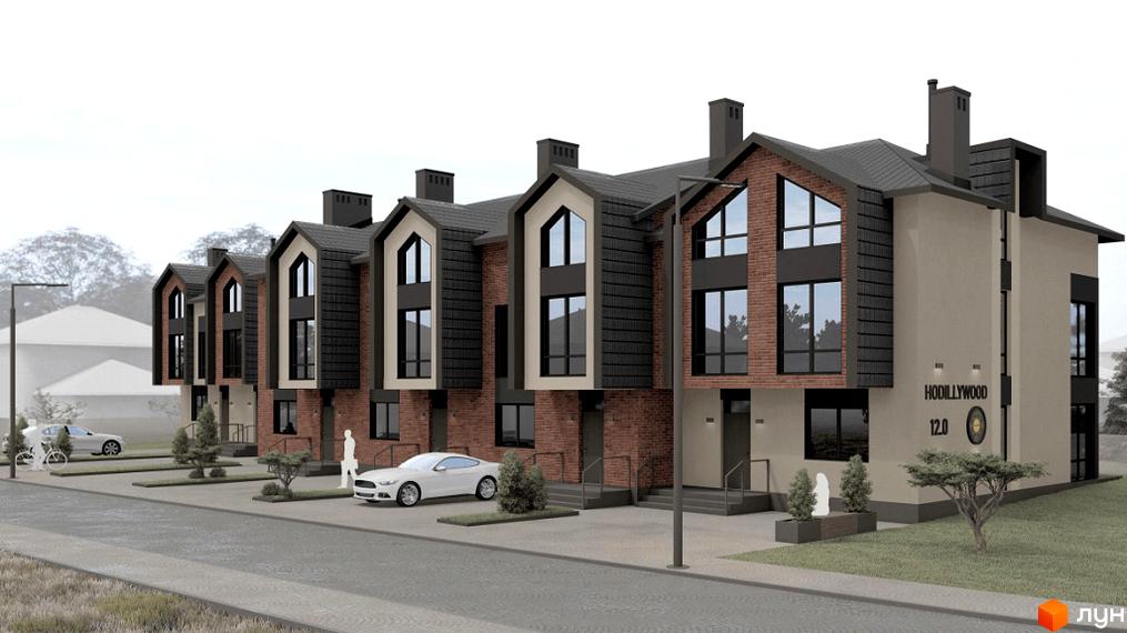 Зовнішній вигляд таунхаусів Hodillywood 12.0 з цегляним фасадом та великими вікнами. Прибудинкова територія з автомобілями та зеленими насадженнями.