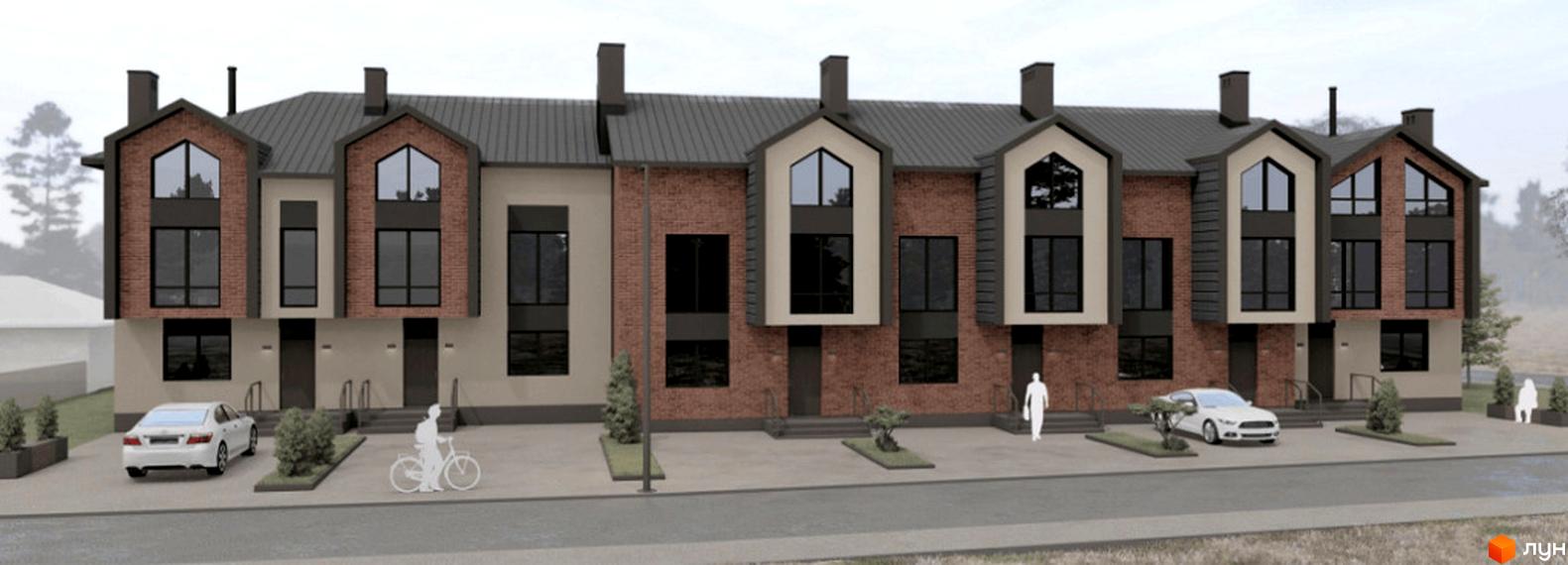 Таунхауси Hodillywood 12.0 - це новий житловий комплекс з цегляним фасадом та великими вікнами. На прибудинковій території розташовані автомобілі та пішохідні зони.