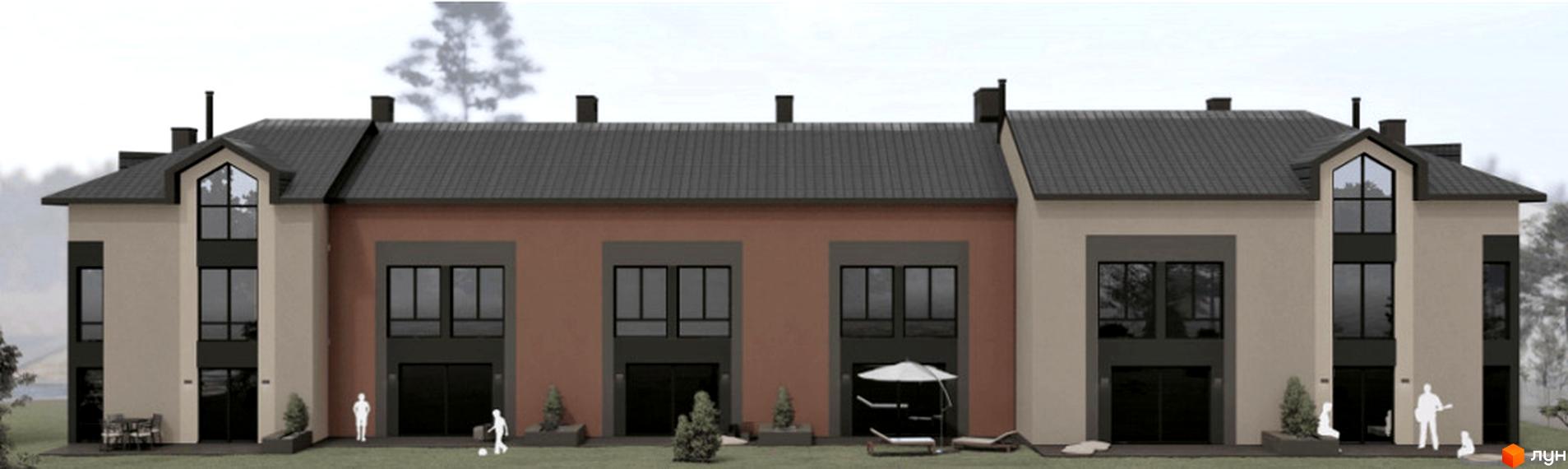 Таунхауси Hodillywood 12.0: фасади будівель з великими вікнами та дахами, прибудинкова територія з терасами та зеленими насадженнями.